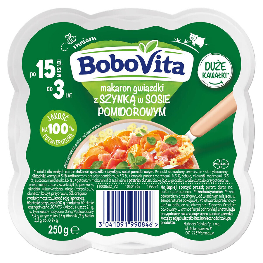 BoboVita Dinner, star pasta with ham in tomato sauce, 250 g