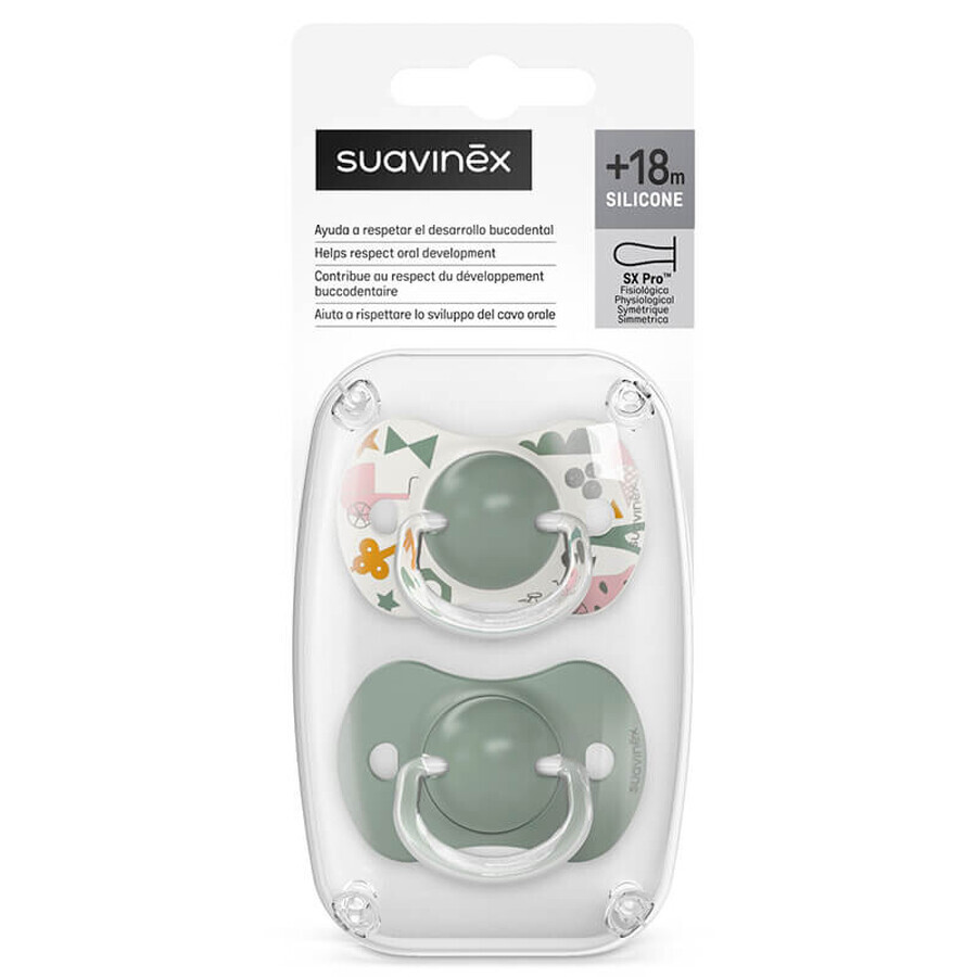 Suavinex A walk in the park SX Pro, fysiologische fopspeen, silicone, olijf, vanaf 18 maanden, 2 stuks