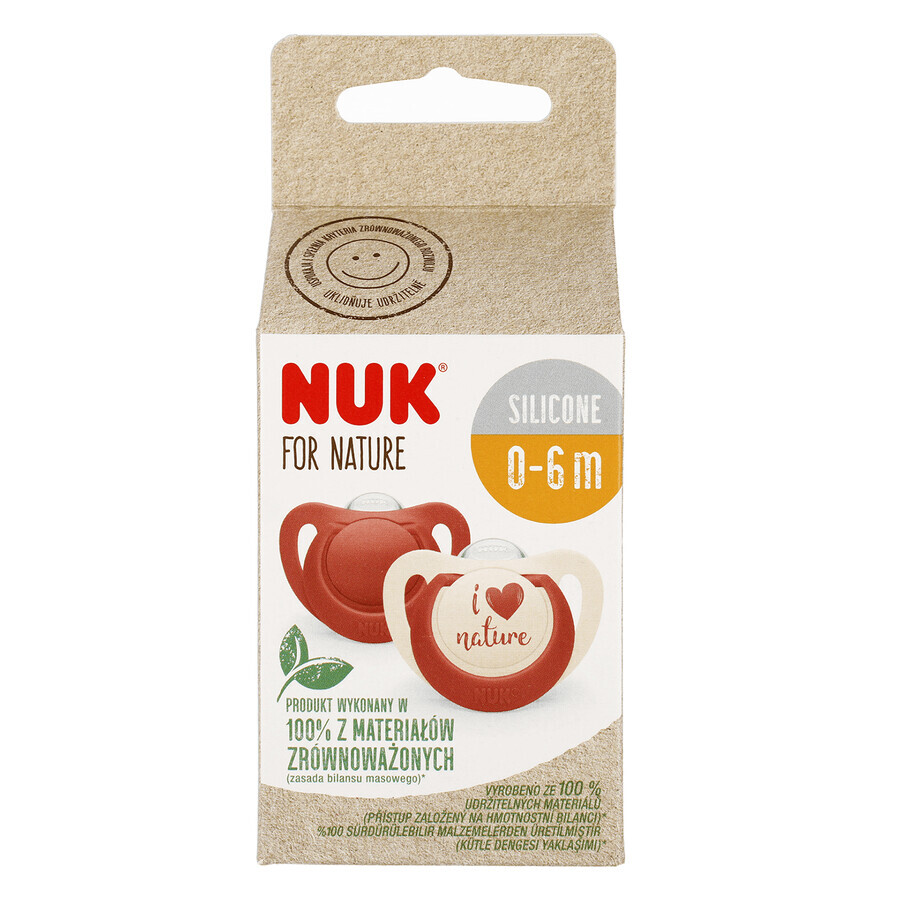 NUK For Nature, pacifier, silicone, anatomic, red, 0-6 months, 2 pieces