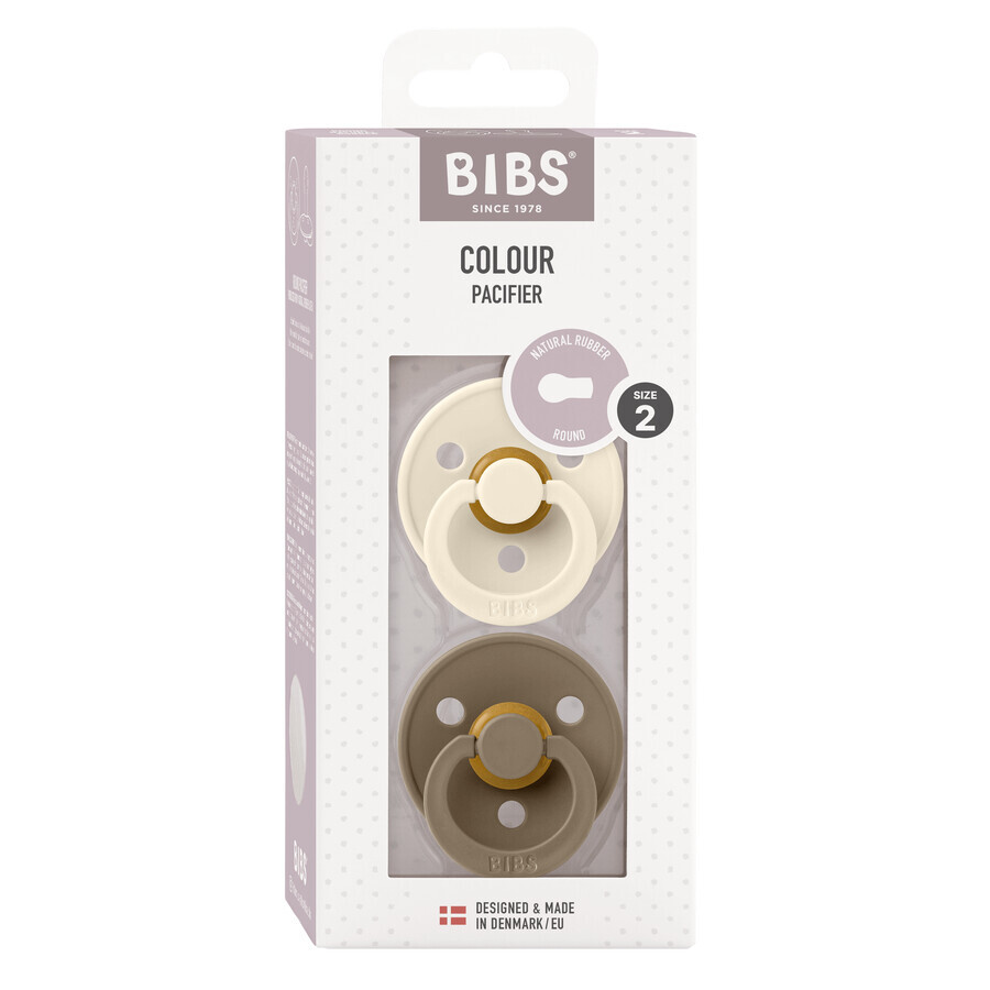 Bibs Colour, pacifier, rubber, round, size 2, Ivory & Dark Oak, from 6 months, 2 pieces