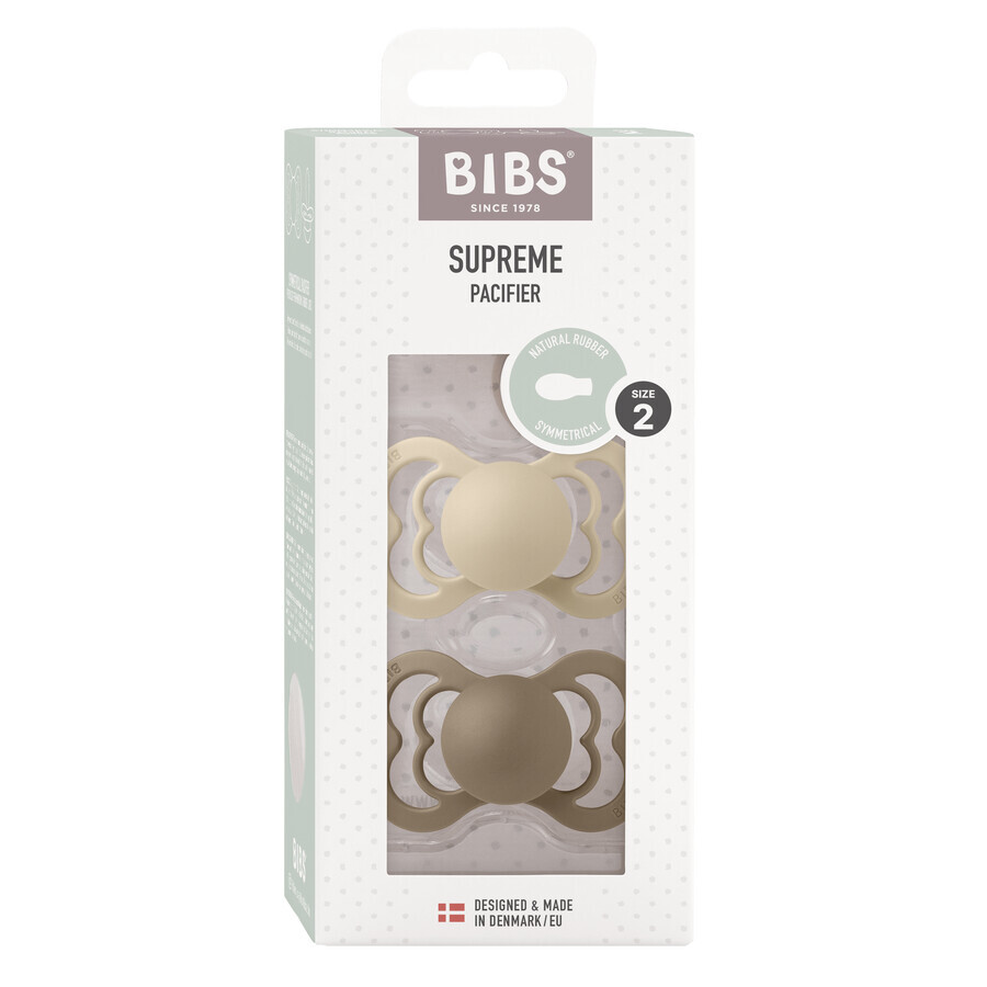 Bibs Supreme, pacifier, rubber, symmetrical, size 2, Vanilla & Dark Oak, from 6 months, 2 pieces