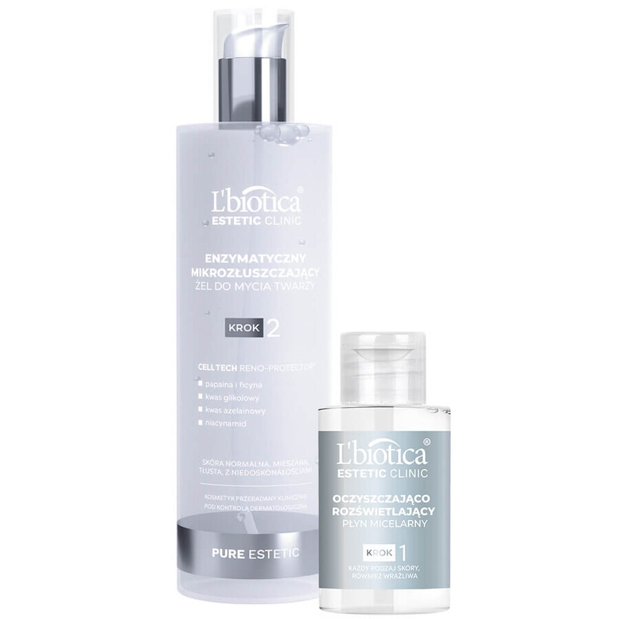 L'Biotica Clínica Estética Gel microexfoliante enzimático puro, 200 ml + fluido micelar purificante y abrillantador, 50 ml gratis