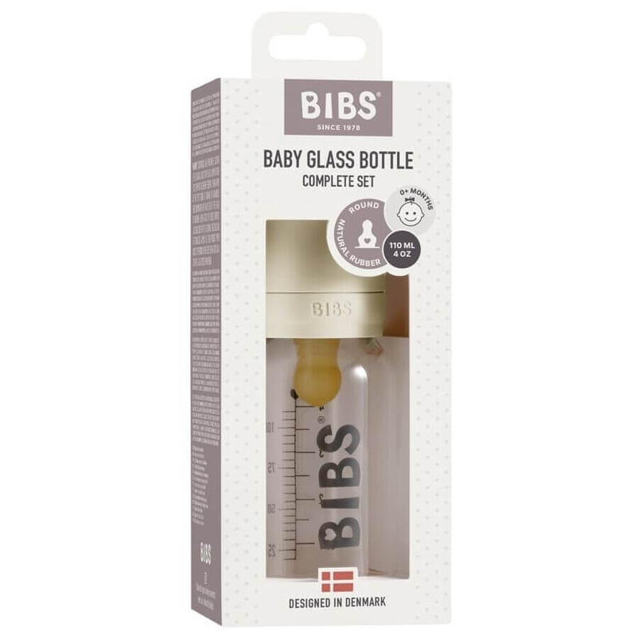 Lätzchen Babyflasche, Glasflasche mit langsam fließendem Gummisauger, elfenbeinfarben, ab Geburt, 110 ml