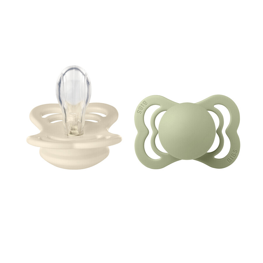 Bibs Supreme, pacifier, silicone, symmetrical, size 1, Ivory & Sage, from birth, 2 pieces