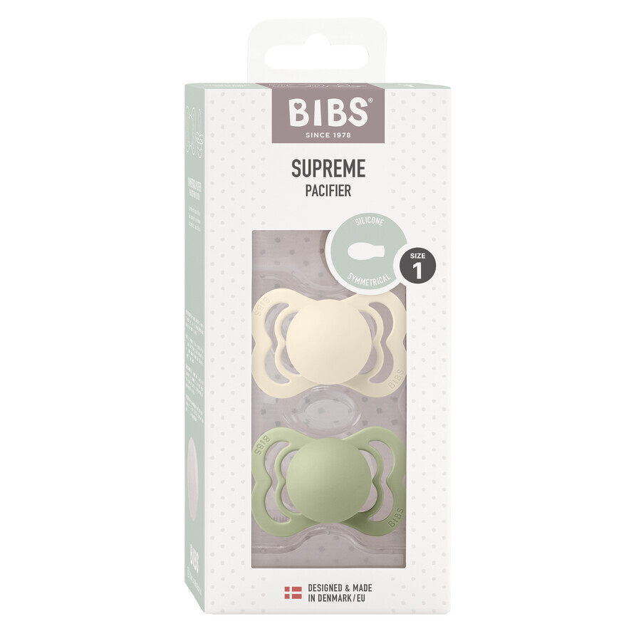 Bibs Supreme, pacifier, silicone, symmetrical, size 1, Ivory & Sage, from birth, 2 pieces