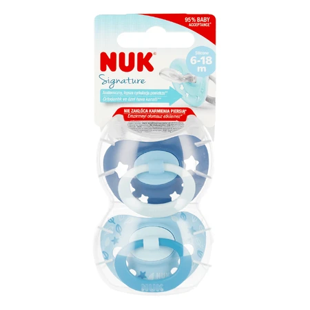 NUK Signature, chupete, silicona, anatómico, azul, 6-18 meses, 2 piezas