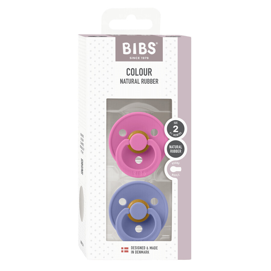 Bibs Colour, pacifier, rubber, round, size 2, Bubblegum & Peri, from 6 months, 2 pieces