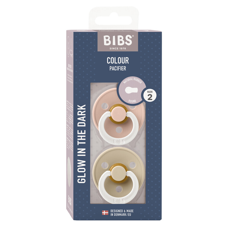 Slabbetjes Colour Night Glow, speen, rubber, rond, glow in the dark, maat 2, Blush & Vanilla, vanaf 6 maanden, 2 stuks