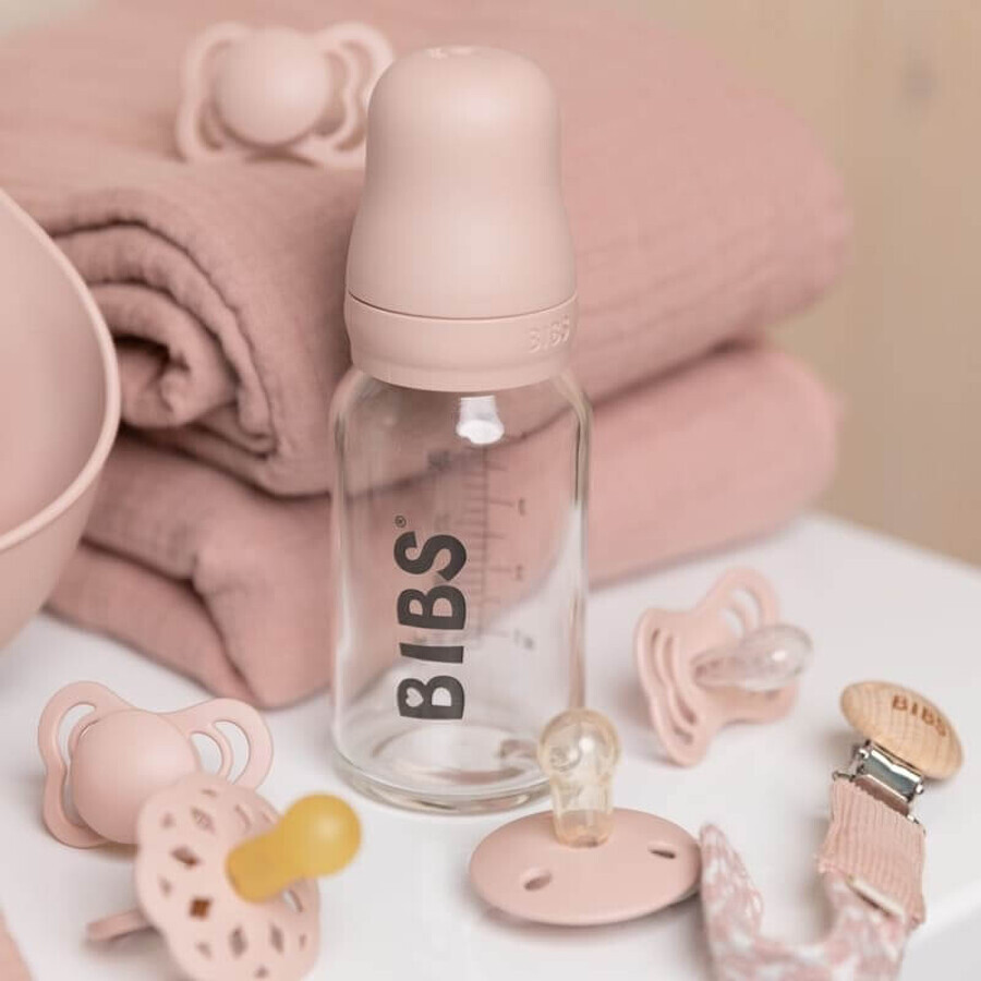 Biberon Bibs, biberon en verre avec tétine en caoutchouc à débit lent, Blush, dès la naissance, 110 ml