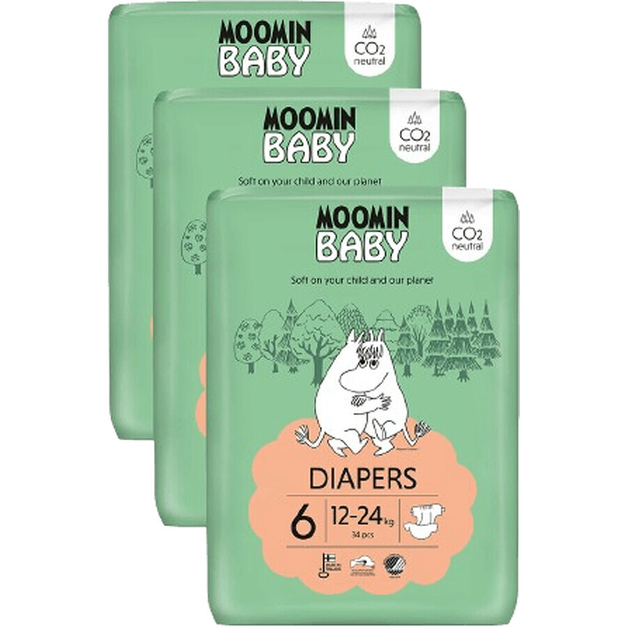 Moomin baby 6 Maxi 12-24 kg, paquet mensuel de couches bio 102 pcs