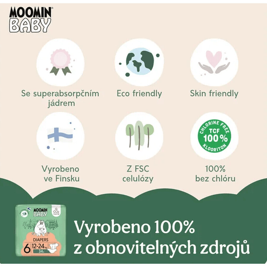 Moomin baby 6 Maxi 12-24 kg, paquet mensuel de couches bio 102 pcs