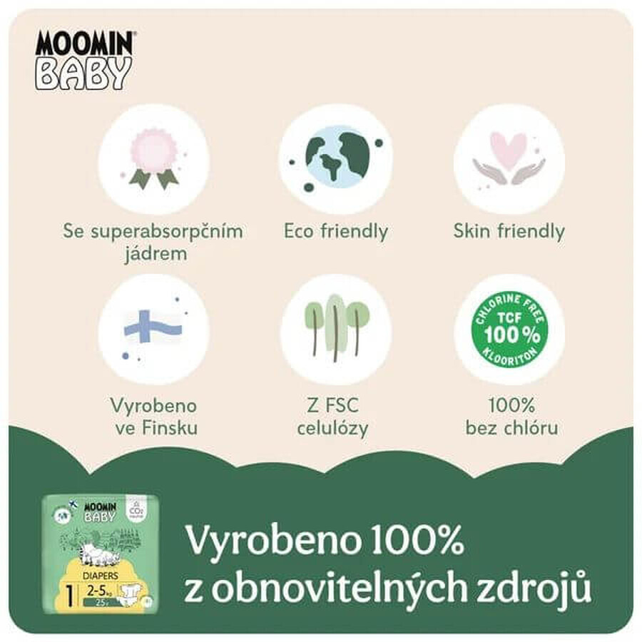 Moomin baby 1 Newborn 2-5 kg, maandelijks pak biologische luiers 75 stuks