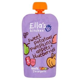 Biologische aardappelpuree met zoete aardappel, pompoen, appels en bosbessen, + 4 maanden, 120 g, Ella's Kitchen