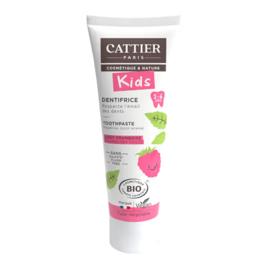 Dentifricio biologico senza fluoro, 2-6 anni, 50 ml, Lampone, Cattier
