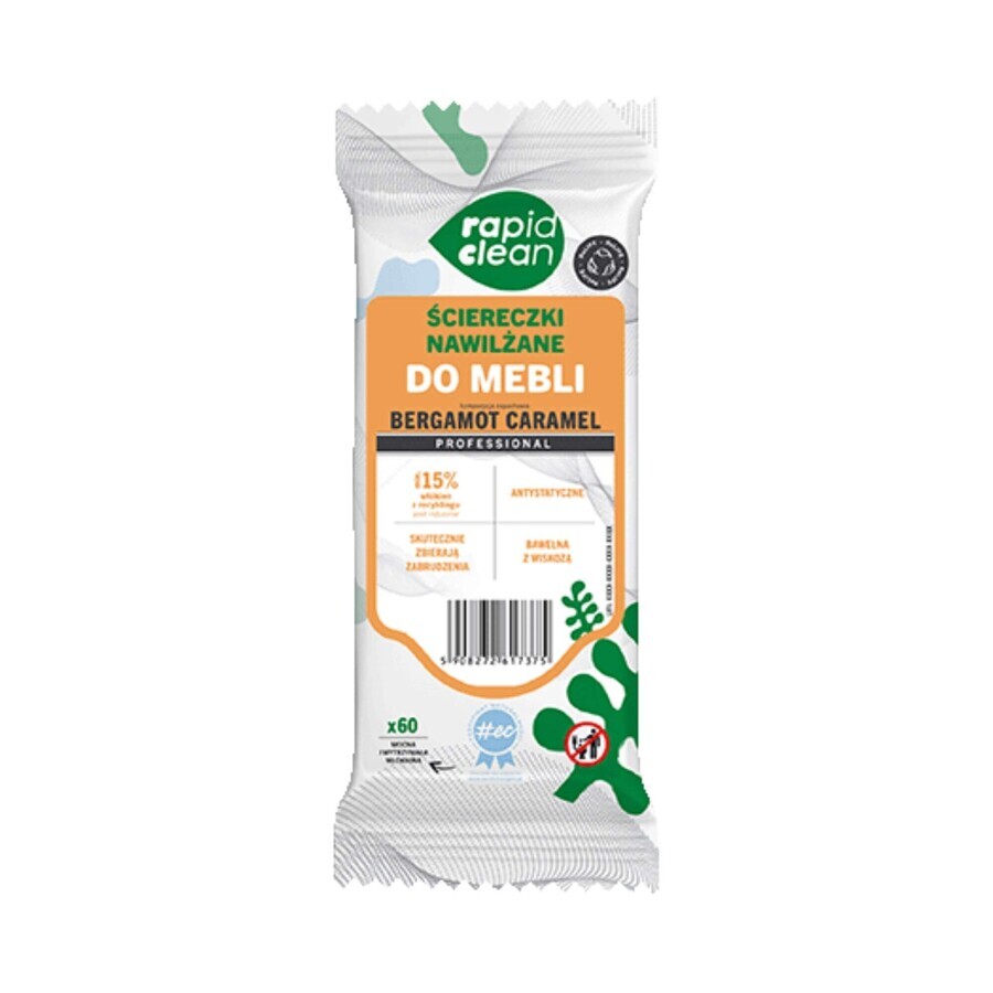 Toallitas húmedas para muebles, con aroma a caramelo y bergamota, 60 uds, Rapid Clean