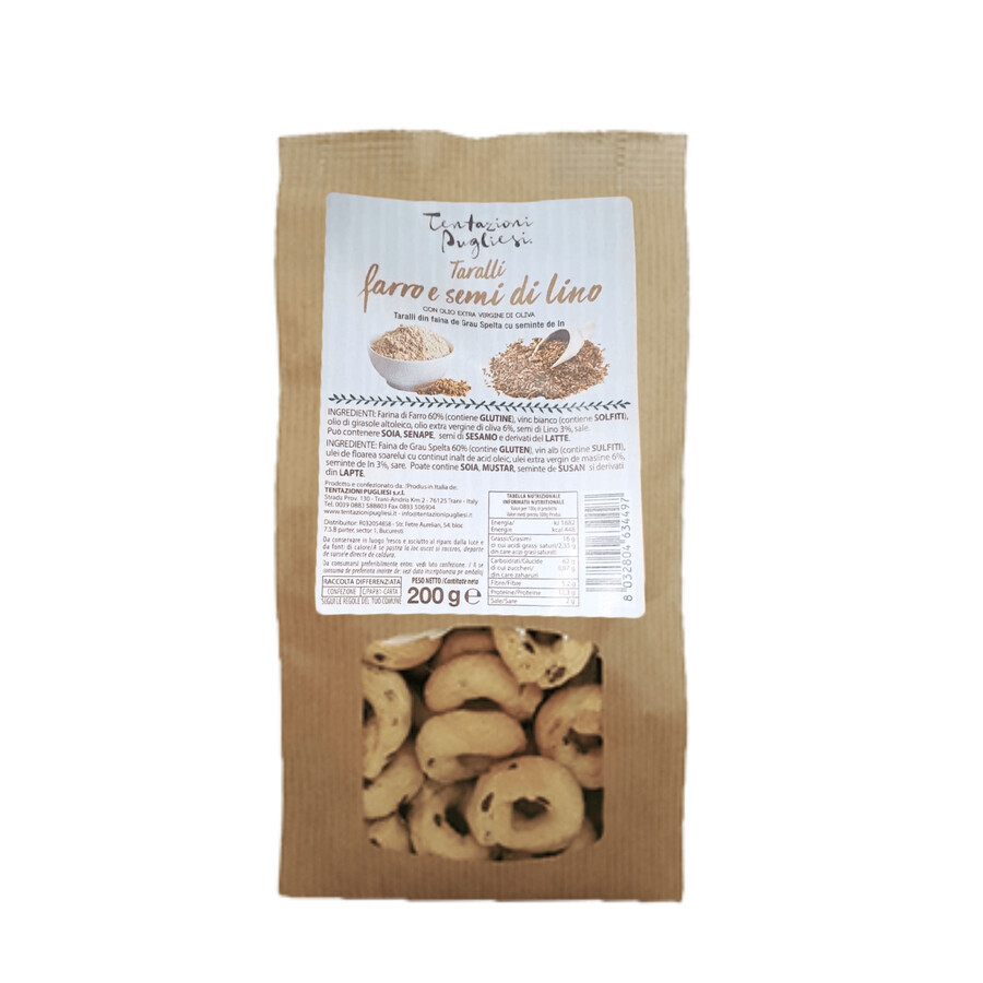 Taralli with spelt flour and linseed, 200 g, Tentazioni Pugliesi