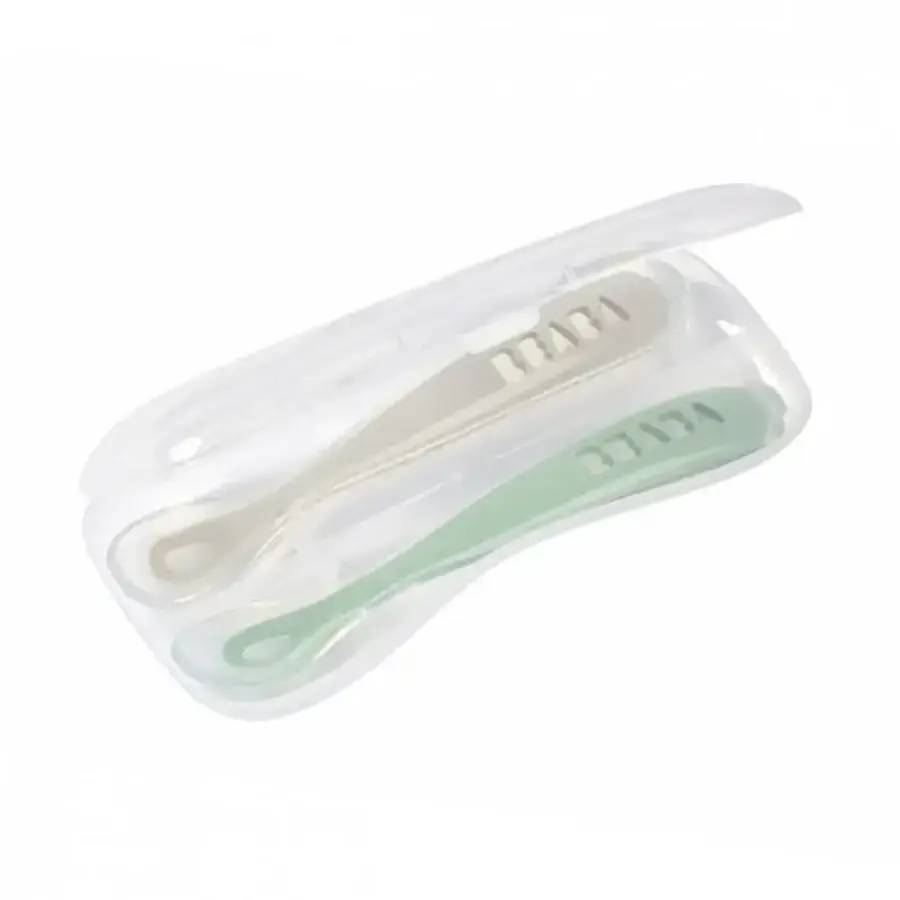 Set 2 cucchiai in silicone, +4 mesi, grigio/verde salvia, Beaba