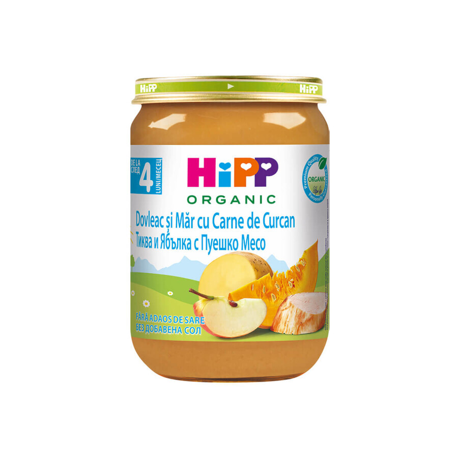 Menu Pommes et potiron bio à la viande de dinde, +4 mois, 190 g, Hipp