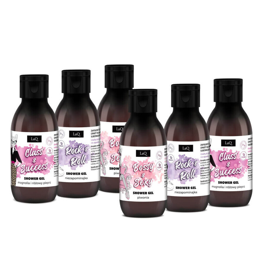 Set mini detergente da donna LaQ, gel doccia, Bossy & Sexy, 2 x 100 ml + Rock & Roll, 2 x 100 ml + Class & Success, 2 x 100 ml