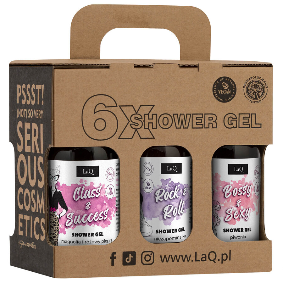 Set mini detergente da donna LaQ, gel doccia, Bossy & Sexy, 2 x 100 ml + Rock & Roll, 2 x 100 ml + Class & Success, 2 x 100 ml