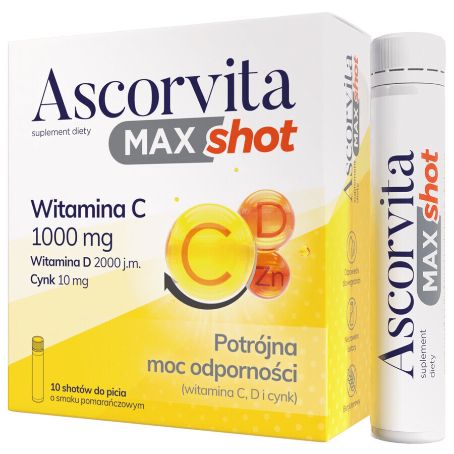 Ascorvita Max Shot, sabor naranja, 10 x 25 ml