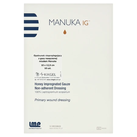 Manuka Ig, sterile, non-stick dressing soaked in Manuka honey, 10 cm x 12.5 cm, 1 piece