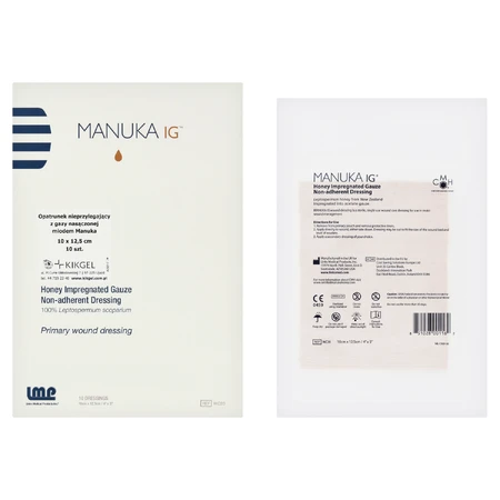 Manuka Ig, sterile, non-stick dressing soaked in Manuka honey, 10 cm x 12.5 cm, 1 piece