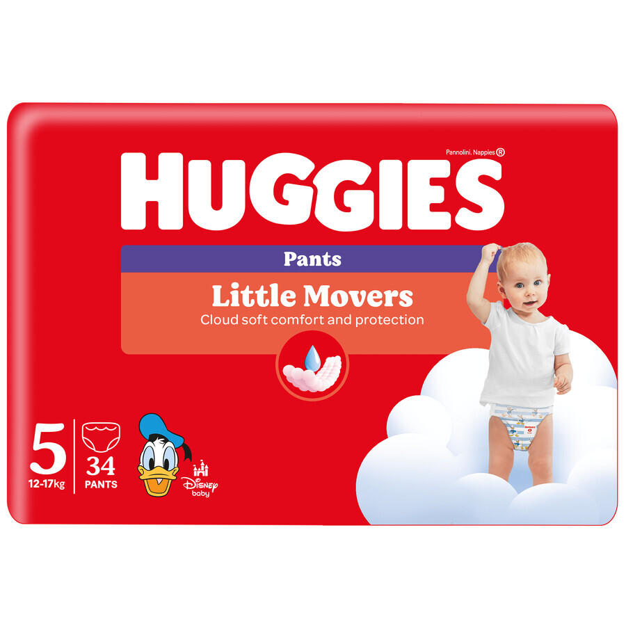 Huggies Little Movers, pañales, Disney, talla 5, 12-17 kg, paquete grande, 34 unidades