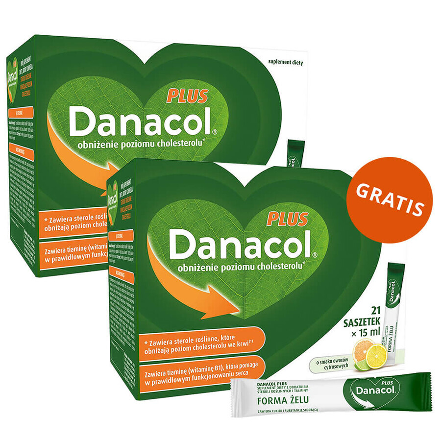 Danacol Plus, gel oral, aromă de citrice, 15 ml x 21 plicuri + 15 ml x 21 plicuri gratuite
