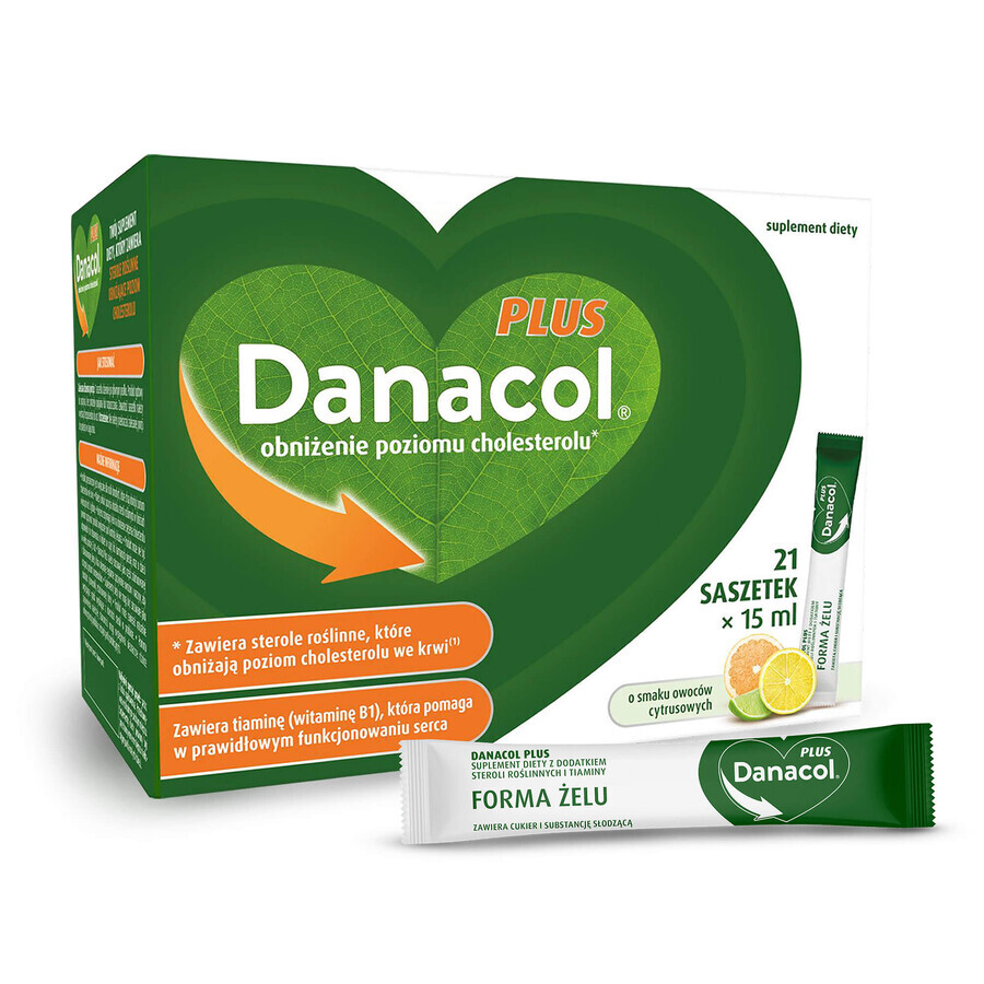 Danacol Plus, gel oral, aromă de citrice, 15 ml x 21 plicuri + 15 ml x 21 plicuri gratuite