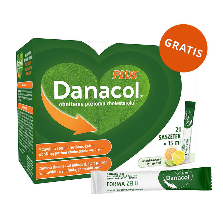 Danacol Plus, gel oral, aromă de citrice, 15 ml x 21 plicuri + 15 ml x 21 plicuri gratuite