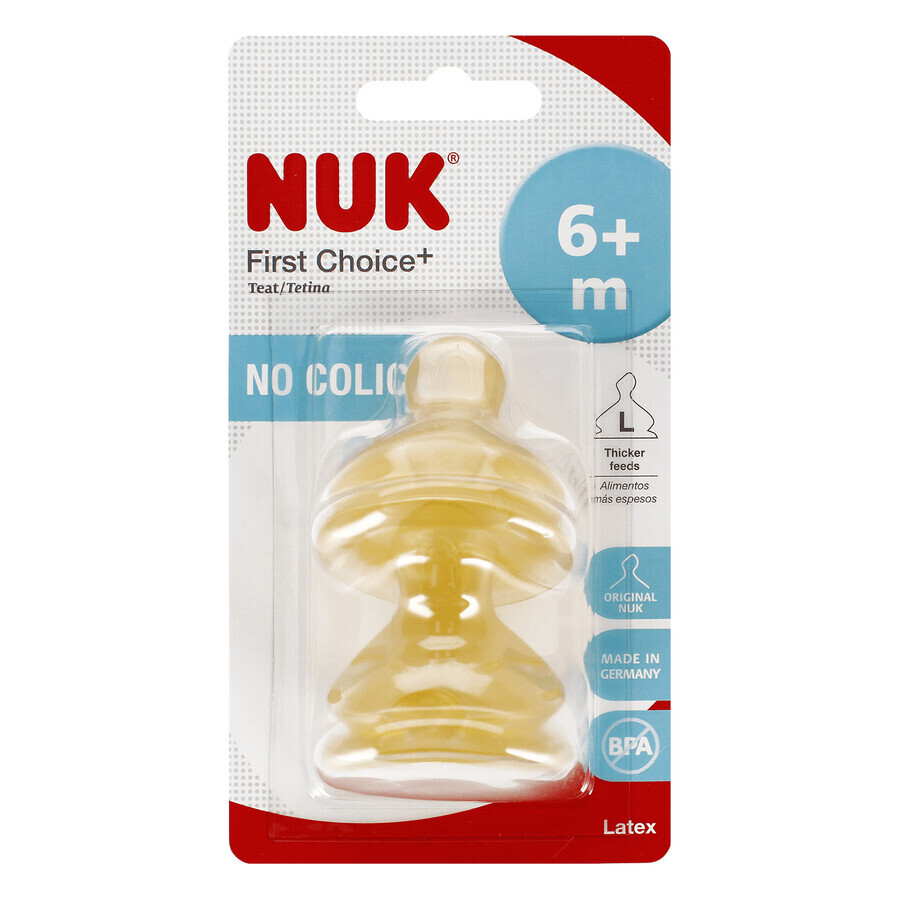 NUK First Choice+, flessenspeen, latex, maat L, 713243, 6-18 maanden, 2 stuks NUK First Choice+, flessenspeen, latex, maat L, 713243, 6-18 maanden, 2 stuks