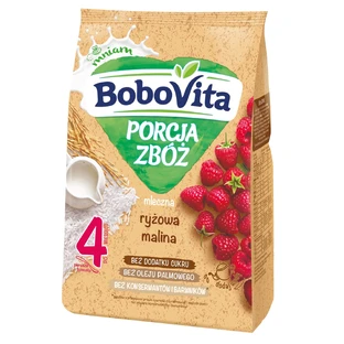 BoboVita Porcja Zbóż céréales de riz, framboise, lait, sans sucre ajouté, après 4 mois, 210 g