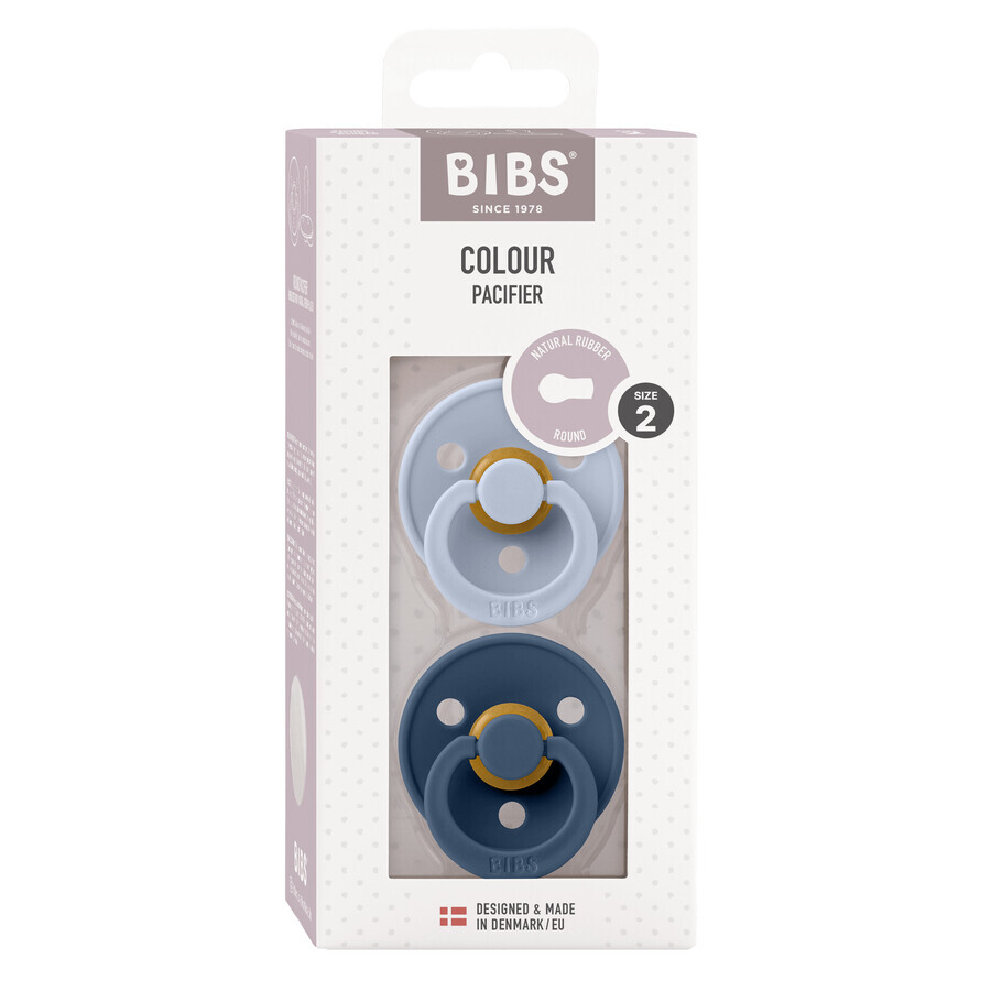 Slabbetjes Kleur, fopspeen, rubber, rond, maat 2, Dusty Blue & Steel Blue, vanaf 6 maanden, 2 stuks