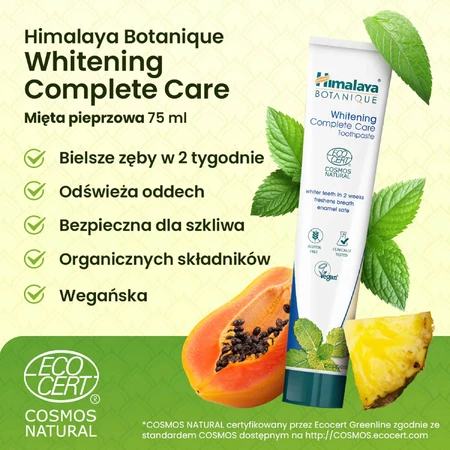 Himalaya Botaniq Complete Care, whitening toothpaste, peppermint, fluoride free, 75 ml.