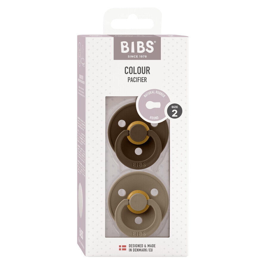 Bibs Colour, pacifier, rubber, round, size 2, Mocha & Dark Oak, from 6 months, 2 pieces