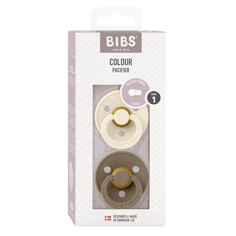Bibs Colour, pacifier, rubber, round, size 1, Ivory & Dark Oak, from birth, 2 pieces