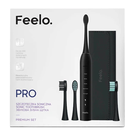 Feelo Pro Premium Set, cepillo dental sónico con estuche y 4 puntas, negro