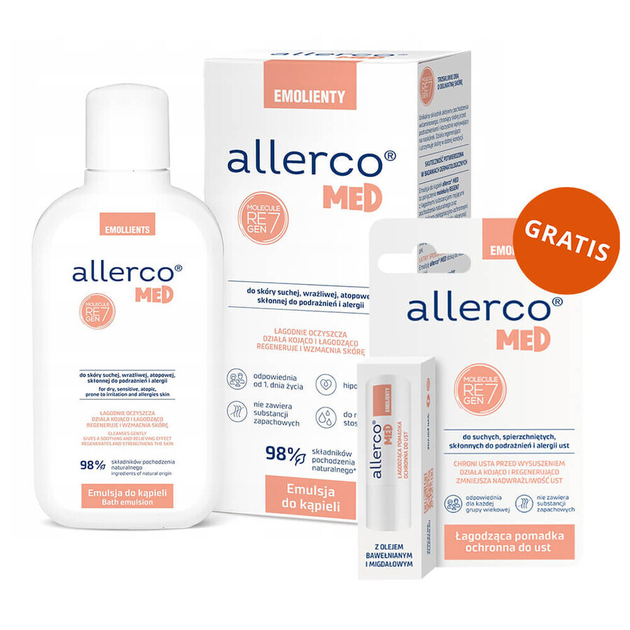 Allerco Emolients, bath emulsion, 400 ml + soothing protective lipstick, 4.9 g free of charge