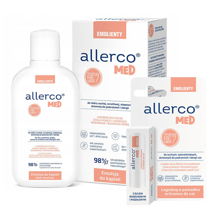 Allerco Emolients, bath emulsion, 400 ml + soothing protective lipstick, 4.9 g free of charge