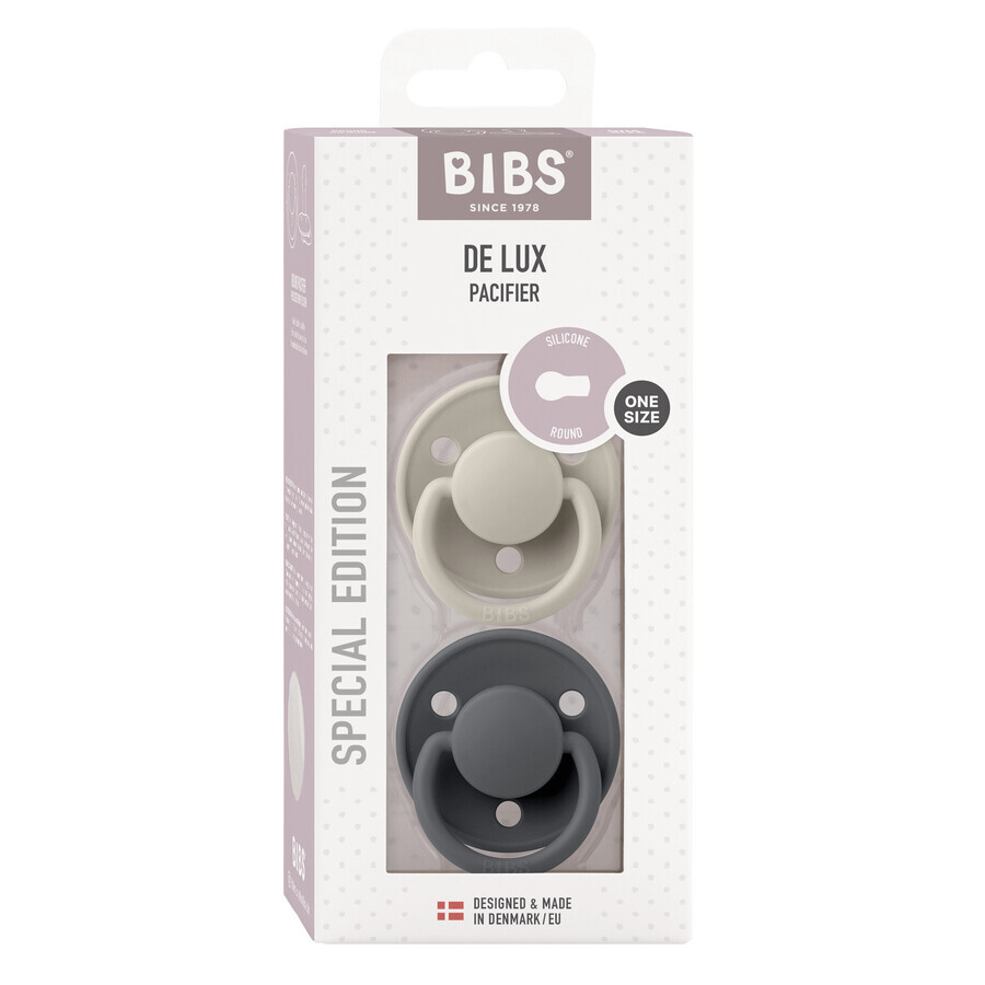 Slabbetjes De Lux, fopspeen, siliconen, rond, one-size, Sand & Iron, 0-36 maanden, 2 stuks