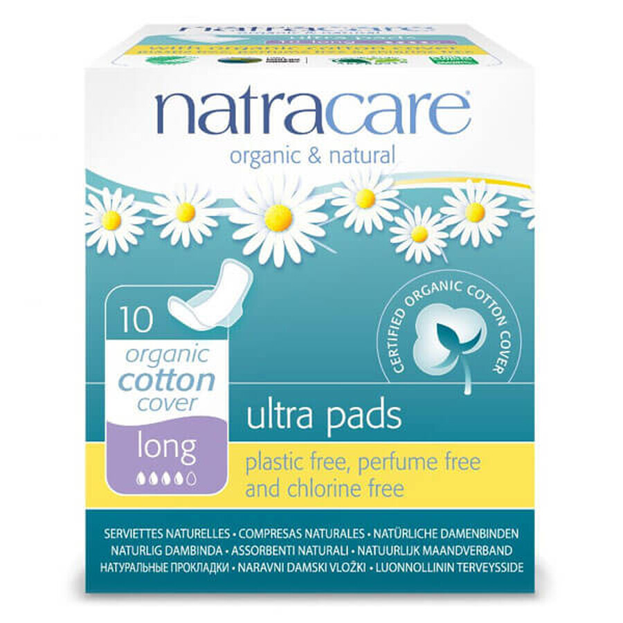 Natracare Ultra, assorbenti igienici in cotone biologico, con ali, lunghi, 10 pz.