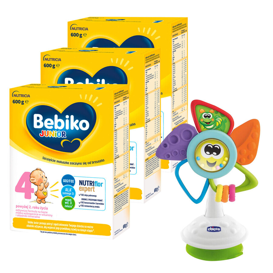 Set Bebiko Junior 4 Nutriflor Expert, leche maternizada nutritiva, más de 2 años, 3 x 600 g + Chicco, juguete silla sensorial molinillo de viento gratis
