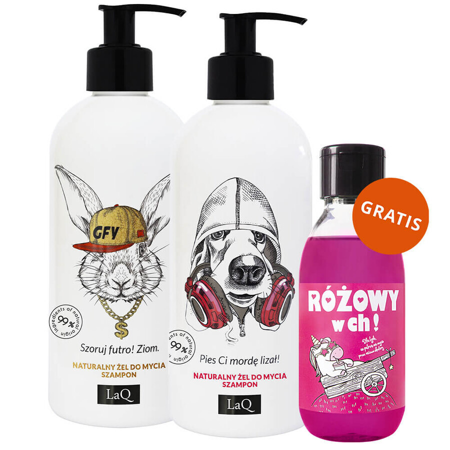 LaQ set, 2-in-1 washing gel and shampoo, Rabbit, 300 ml + 2-in-1 washing gel and shampoo, Dog, 300 ml + shower gel, Pink in ch!, 100 ml free of charge