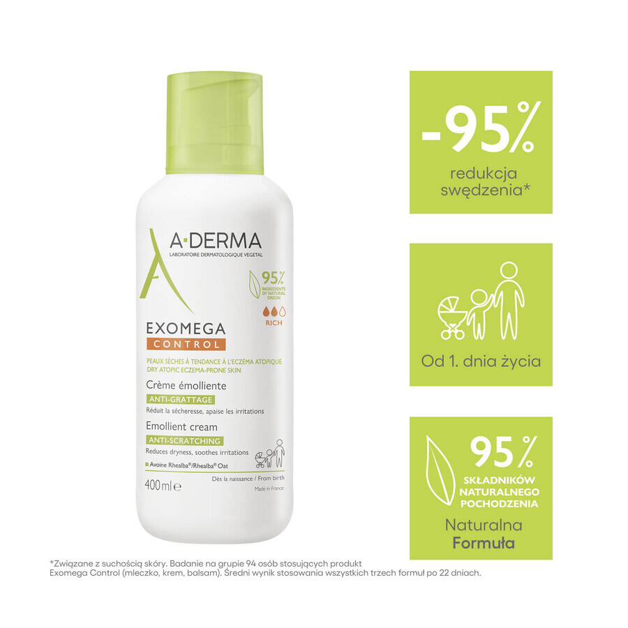 Set A-Derma Exomega Control, huile de douche émolliente, peaux sèches et à tendance atopique, dès la naissance, 500 ml + crème émolliente, peaux sèches et à tendance atopique, 400 ml