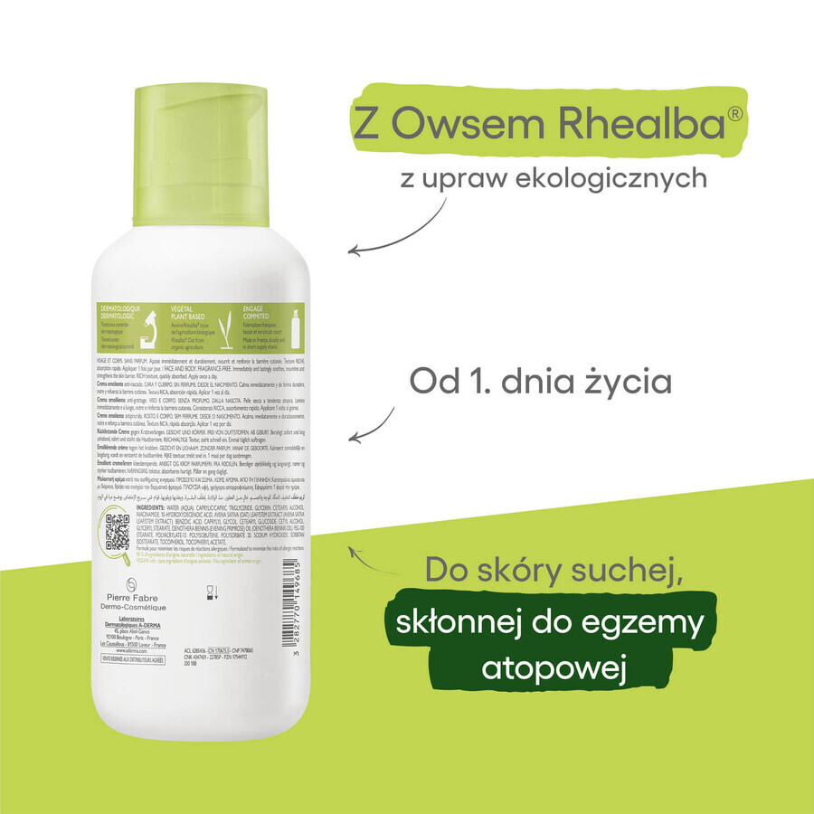 Set A-Derma Exomega Control, huile de douche émolliente, peaux sèches et à tendance atopique, dès la naissance, 500 ml + crème émolliente, peaux sèches et à tendance atopique, 400 ml