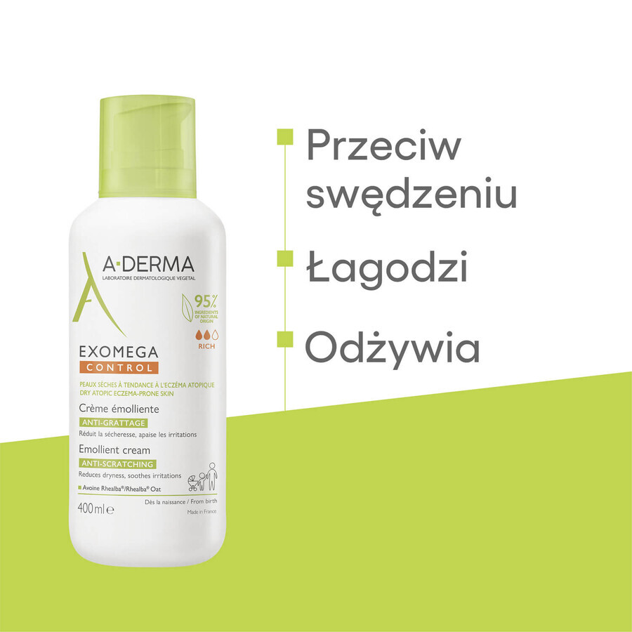 Set A-Derma Exomega Control, huile de douche émolliente, peaux sèches et à tendance atopique, dès la naissance, 500 ml + crème émolliente, peaux sèches et à tendance atopique, 400 ml