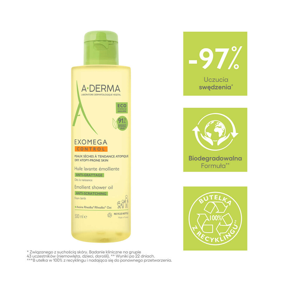 Set A-Derma Exomega Control, huile de douche émolliente, peaux sèches et à tendance atopique, dès la naissance, 500 ml + crème émolliente, peaux sèches et à tendance atopique, 400 ml