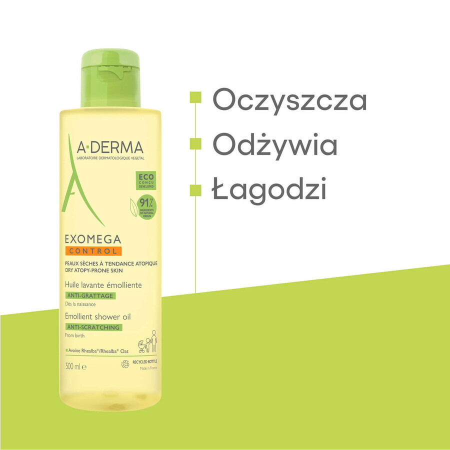 Set A-Derma Exomega Control, huile de douche émolliente, peaux sèches et à tendance atopique, dès la naissance, 500 ml + crème émolliente, peaux sèches et à tendance atopique, 400 ml
