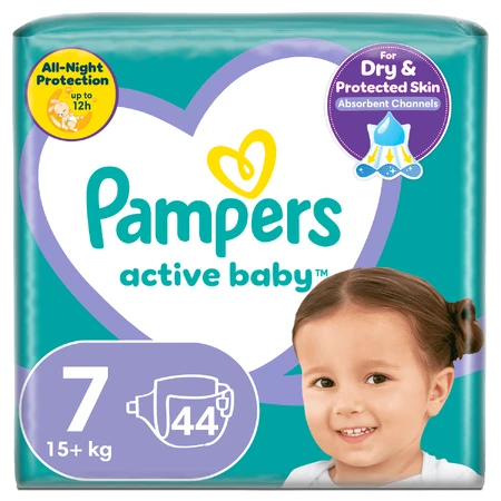 Pampers Active Baby, couches, taille 7, plus de 15 kg, 44 pièces